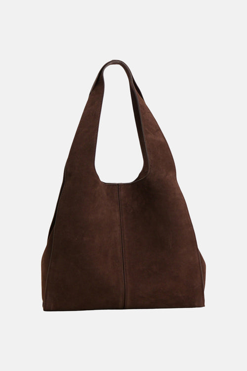 Brown suede shopper bag with soft texture and wide shoulder straps, front view