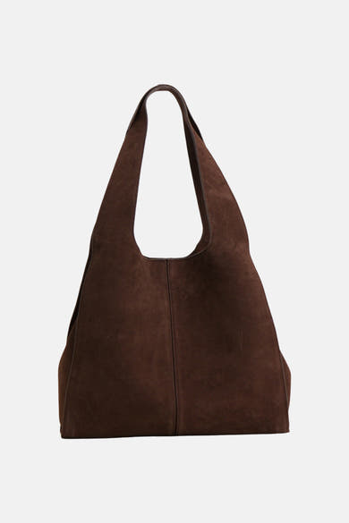 Brown suede shopper bag with soft texture and wide shoulder straps, front view