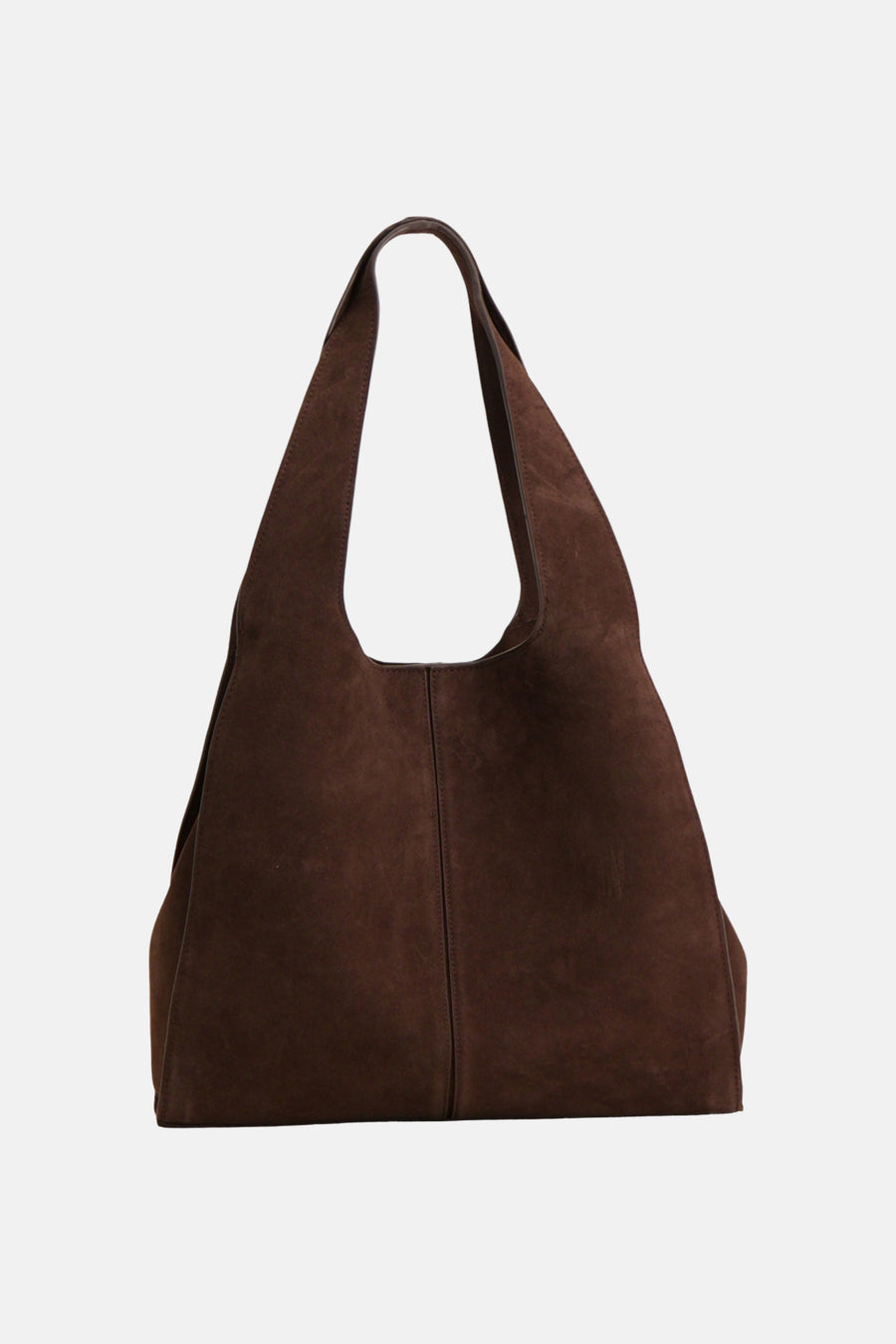 Brown suede shopper bag with soft texture and wide shoulder straps, front view
