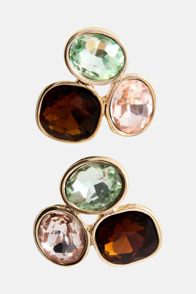 Multicolored gemstone cluster earrings with gold-tone setting, featuring faceted green, brown, and pink stones in a triangular arrangement.