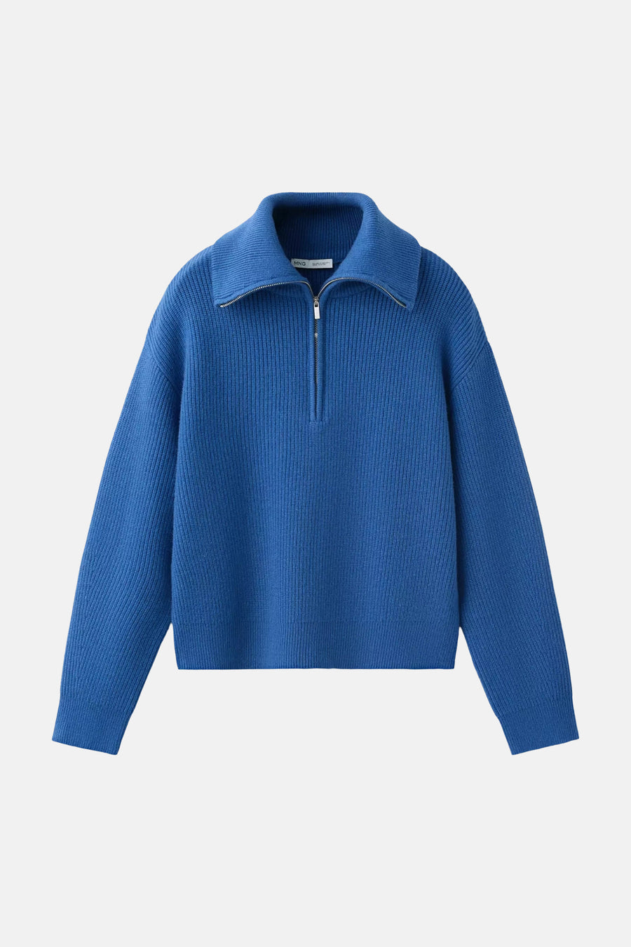 Blue ribbed knit half-zip sweater with stand-up collar by MNG, front view, solid color, long sleeves