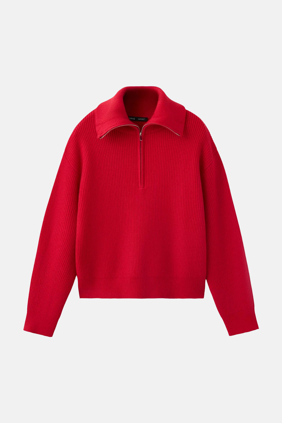 Pull col montant rouge à texture côtelée par MANGO, fermeture éclair argentée, vue de face