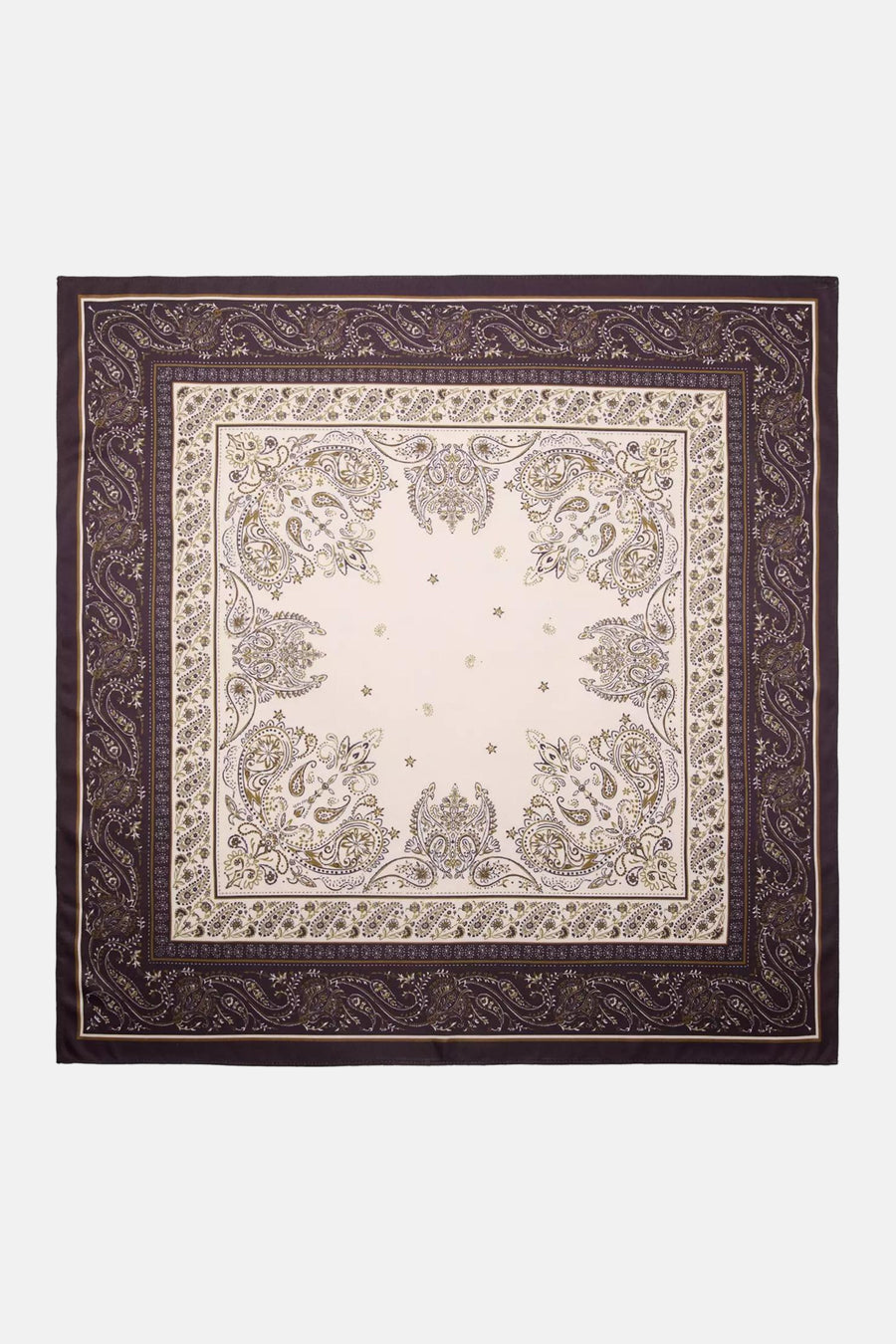 Foulard carré bordeaux à motifs paisley et étoiles, par MANGO, avec bordure ornée de détails floraux dorés