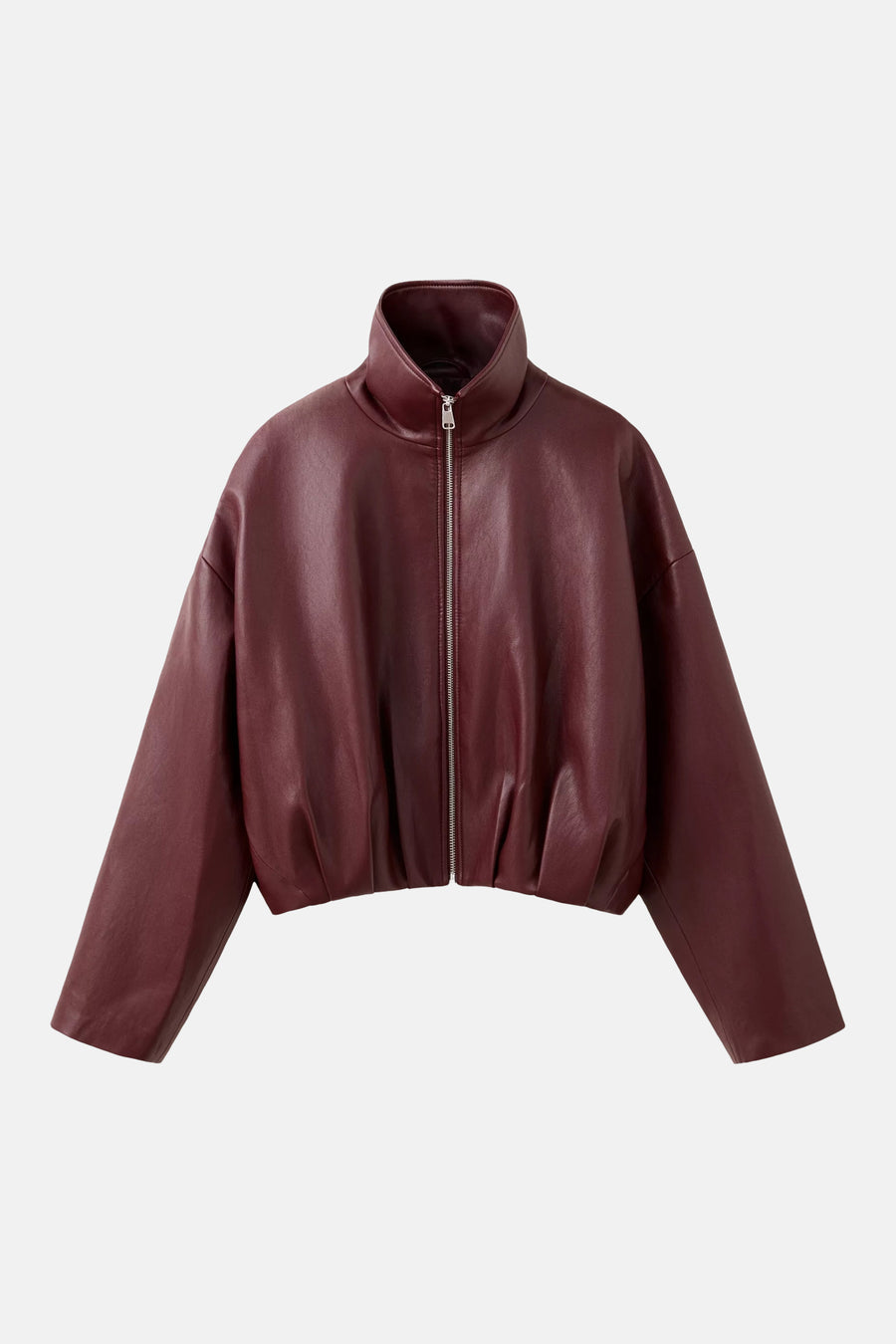 Bordeaux leather bomber jacket with high collar and front zipper, cropped fit, smooth texture, front view