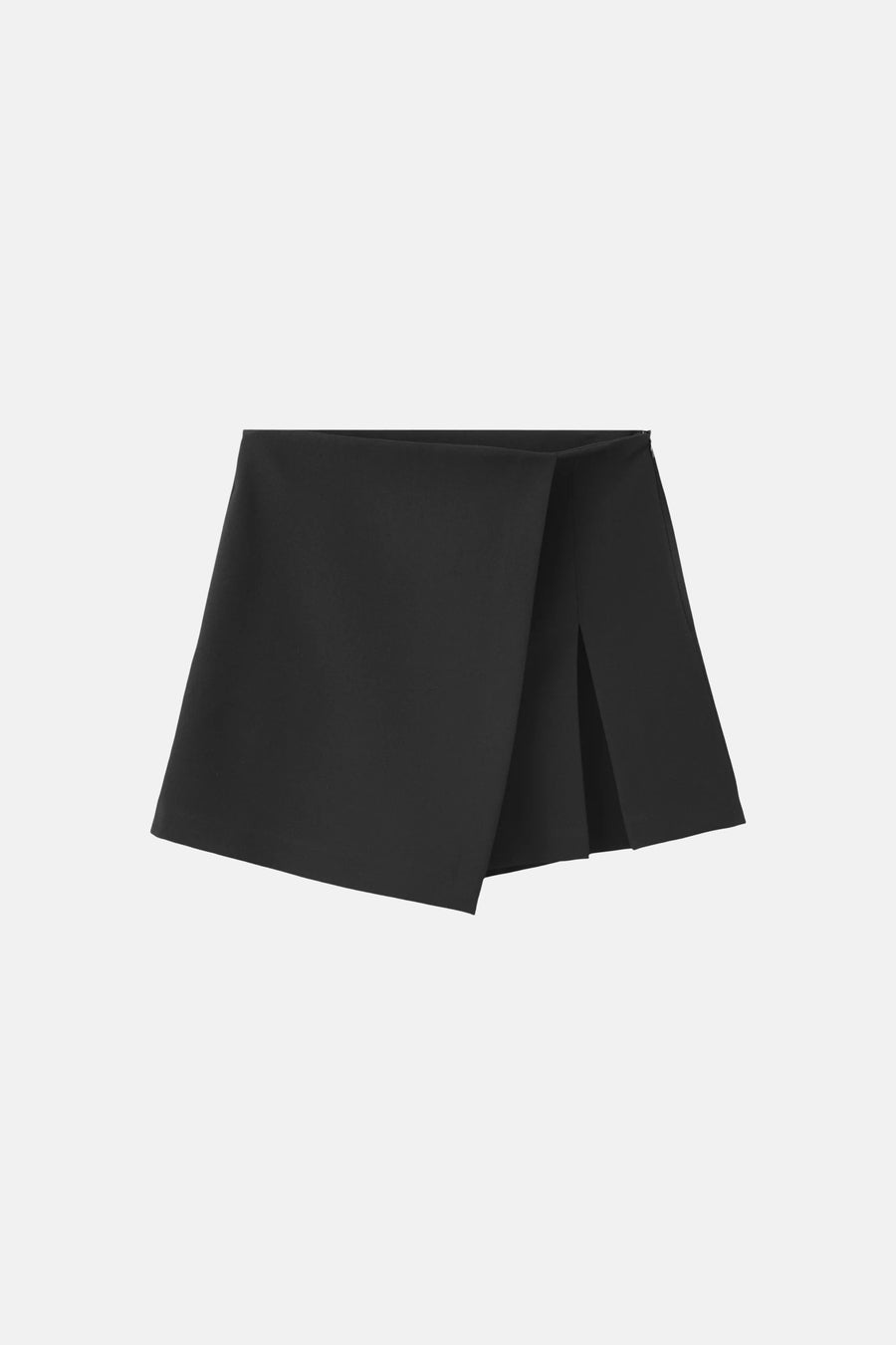 Black wrap-style mini skirt with asymmetrical front drape and clean tailored finish, front view