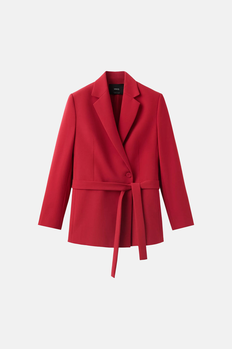 Vibrant red blazer with single button and tie waist by MNG, structured lapels, front view