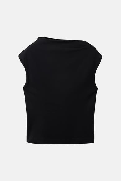 Black sleeveless top with high neckline and cropped fit, back view, smooth stretch fabric