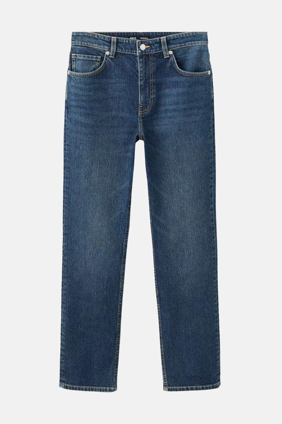 Jeans slim en denim bleu foncé par MANGO, coupe droite, détails de coutures contrastantes, vue frontale