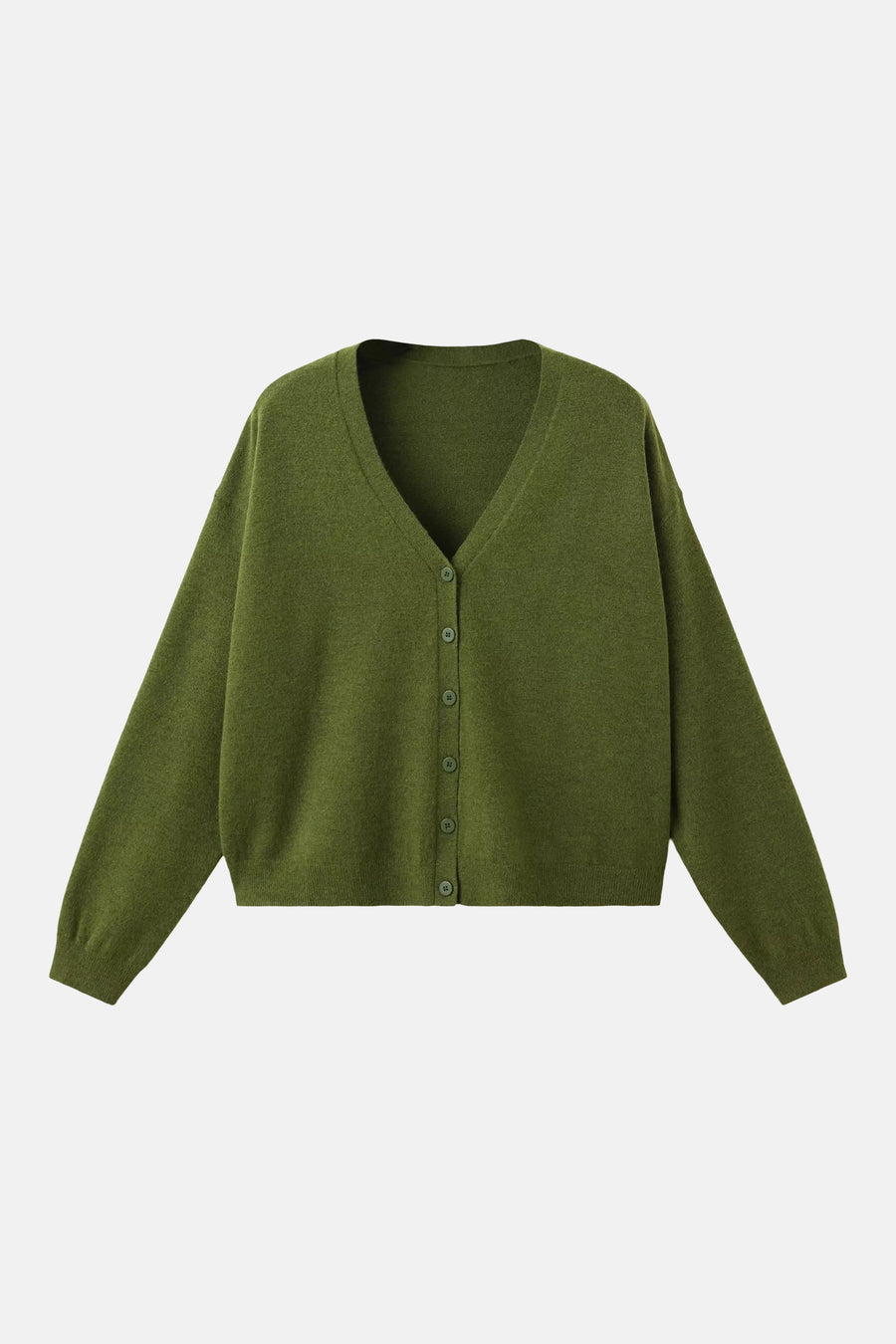 Cardigan vert en maille fine à col en V par MANGO, boutonné, coupe ample, vue de face