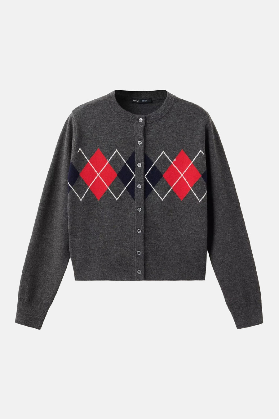 Gilet multicolore en maille grise avec motifs losanges rouges et bleus, par MANGO, boutonné devant, vue frontale