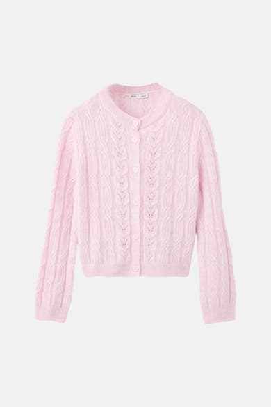 Gilet rose en tricot côtelé par MANGO, boutonné avec motif torsadé, vue de face
