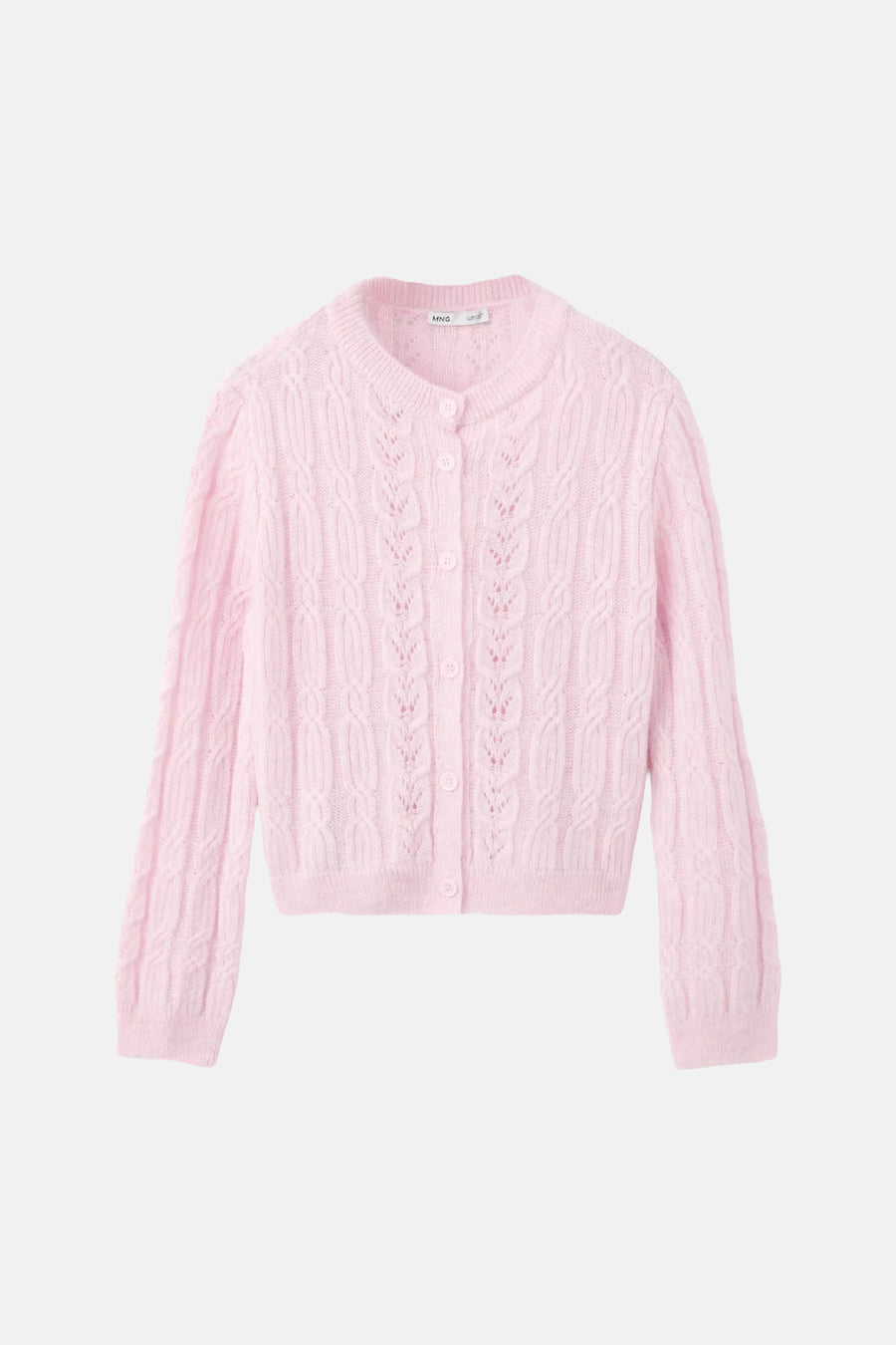 Gilet rose en tricot côtelé par MANGO, boutonné avec motif torsadé, vue de face
