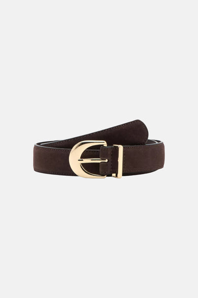 Brown suede belt with gold-tone buckle, coiled on white background, front view