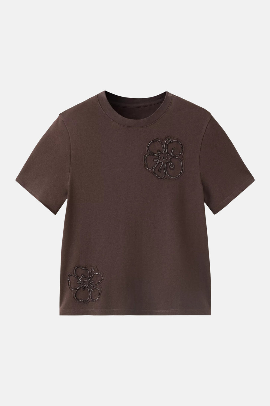 Brown short-sleeve t-shirt with floral beaded appliqués on chest and hem, front view