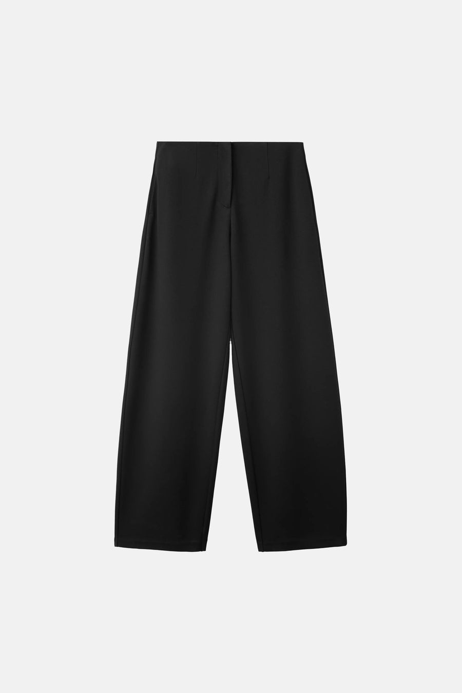 Black wide-leg elastic waist trousers with smooth texture and clean front pleats, front view