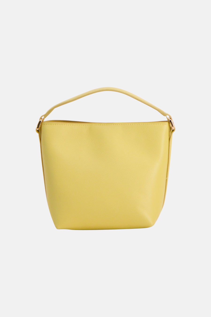 Yellow leather handbag with structured bucket shape and top handle, front view