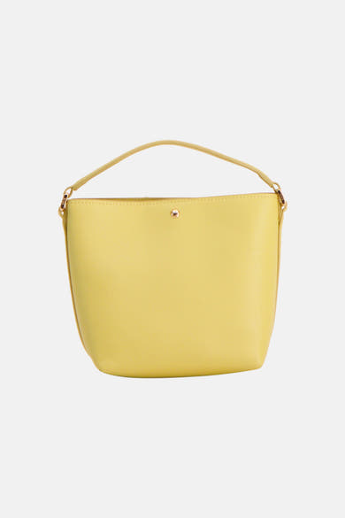 Yellow textured handbag with top handle and gold-tone hardware, front view