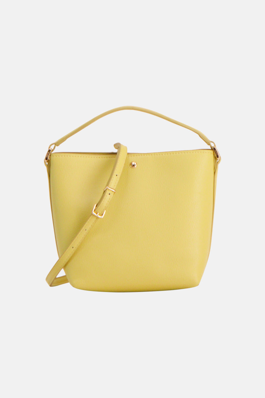 Yellow textured handbag with top handle and adjustable strap, front view