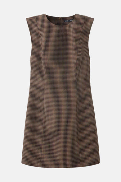 Multicolored sleeveless dress by MNG with brown and beige checkered pattern, structured fit, front view