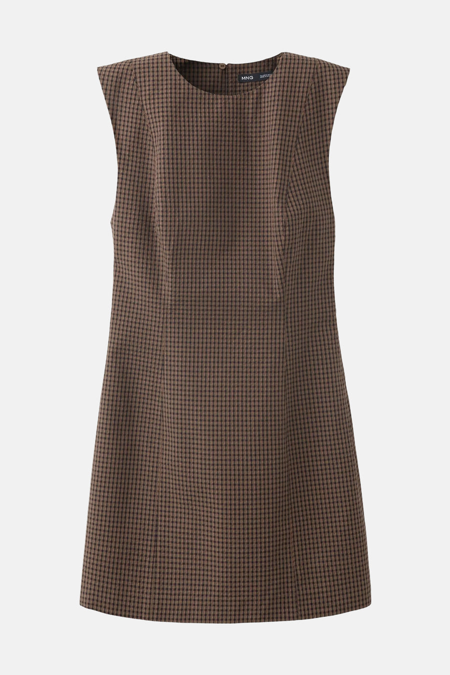 Multicolored sleeveless dress by MNG with brown and beige checkered pattern, structured fit, front view