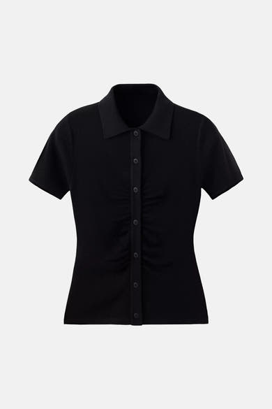 Black short-sleeve cardigan with ribbed knit texture, front button closure, and gathered side panels, front view