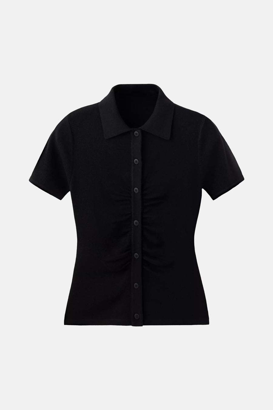 Black short-sleeve cardigan with ribbed knit texture, front button closure, and gathered side panels, front view