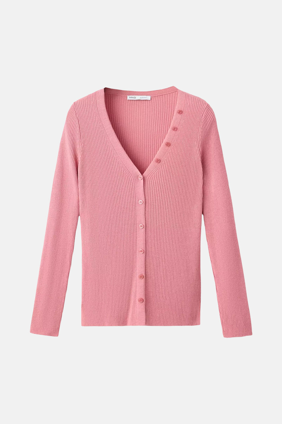 Rose ribbed knit cardigan by MNG with V-neck and matching buttons, front view