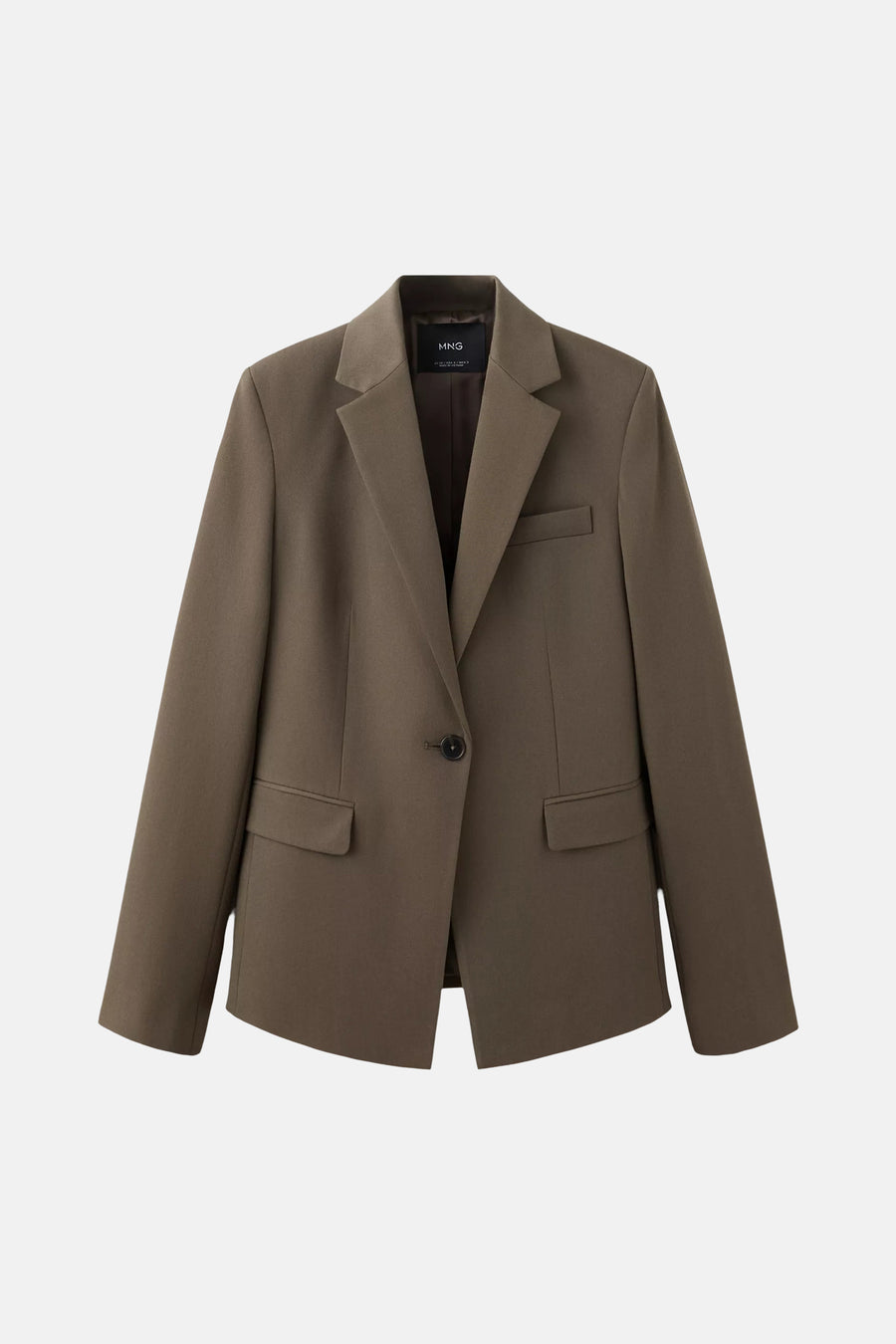 Khaki blazer by MNG with single button, notched lapel, and flap pockets, front view