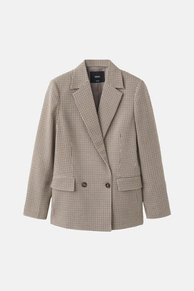 Multicolored houndstooth blazer by MNG, featuring notched lapels, two front buttons, and flap pockets, shown in front view.