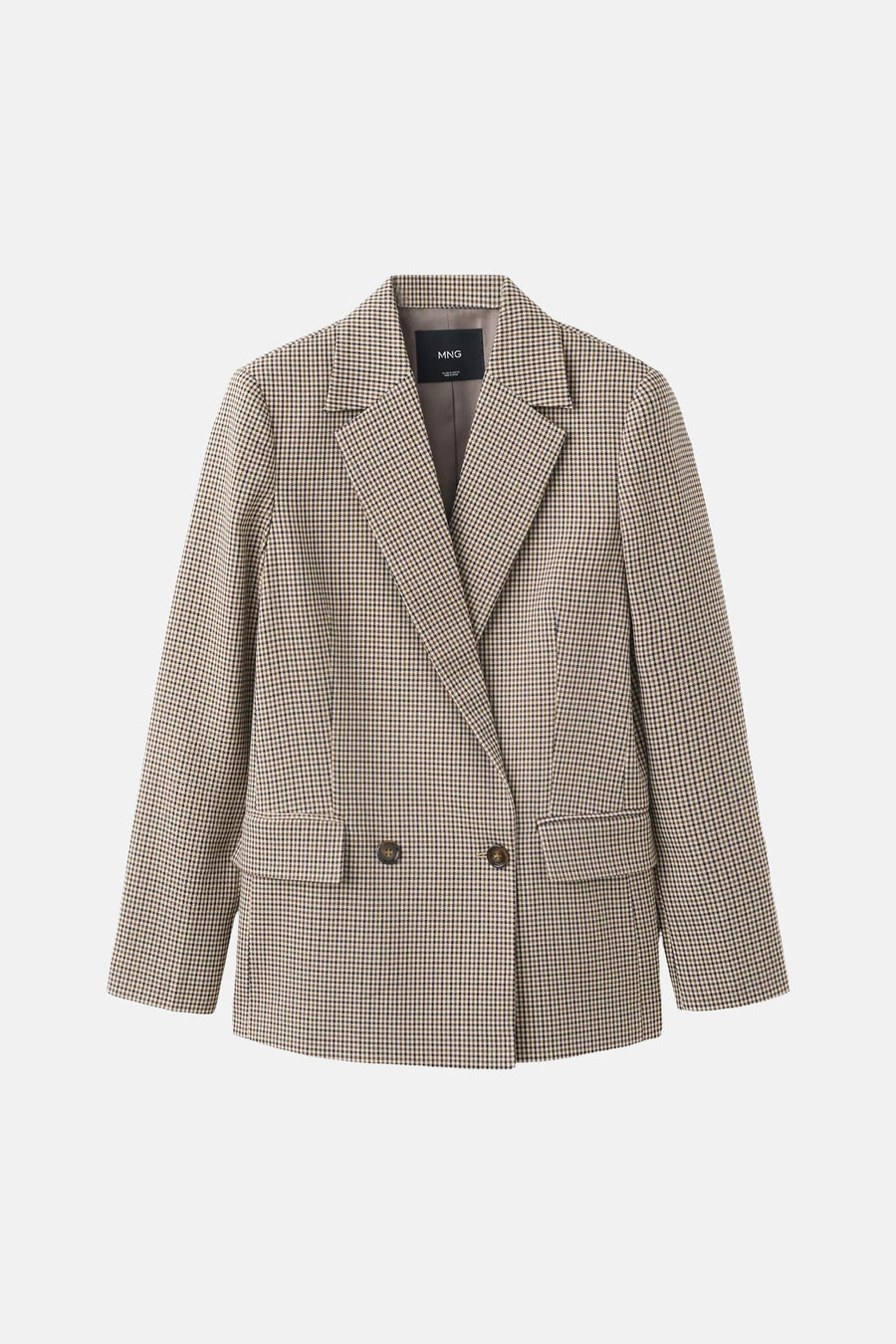 Multicolored houndstooth blazer by MNG, featuring notched lapels, two front buttons, and flap pockets, shown in front view.