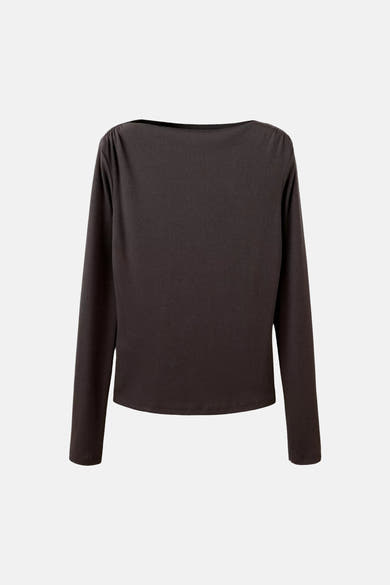 Brown long-sleeve ribbed t-shirt with rounded back neckline, shown from rear view
