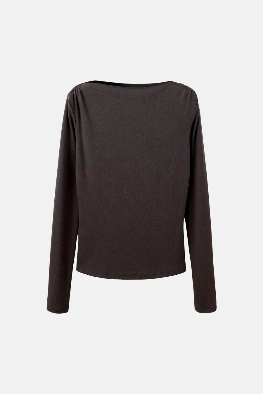 Brown long-sleeve ribbed t-shirt with rounded back neckline, shown from rear view