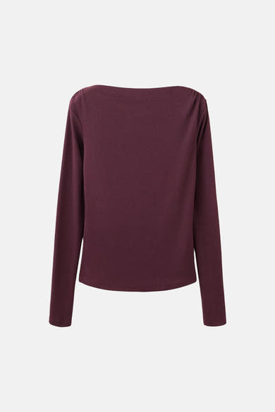 Bordeaux long-sleeve ribbed T-shirt back view, solid color, relaxed fit, smooth texture