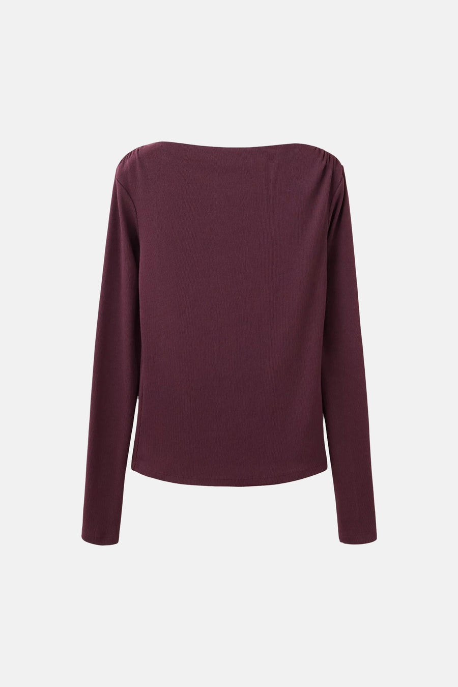Bordeaux long-sleeve ribbed T-shirt back view, solid color, relaxed fit, smooth texture