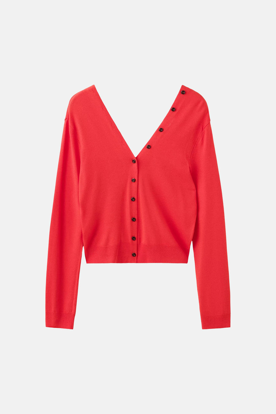 Cardigan rouge à col en V avec boutons noirs, de MANGO, coupe courte et manches longues, vue frontale