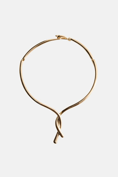 Gold-toned short necklace with twisted knot detail and polished finish, front view