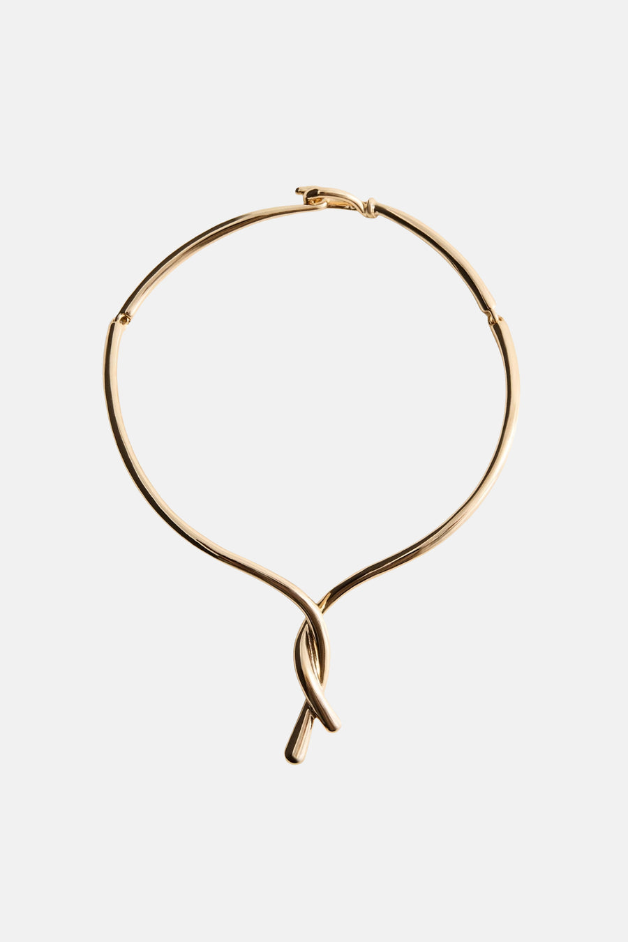 Gold-toned short necklace with twisted knot detail and polished finish, front view