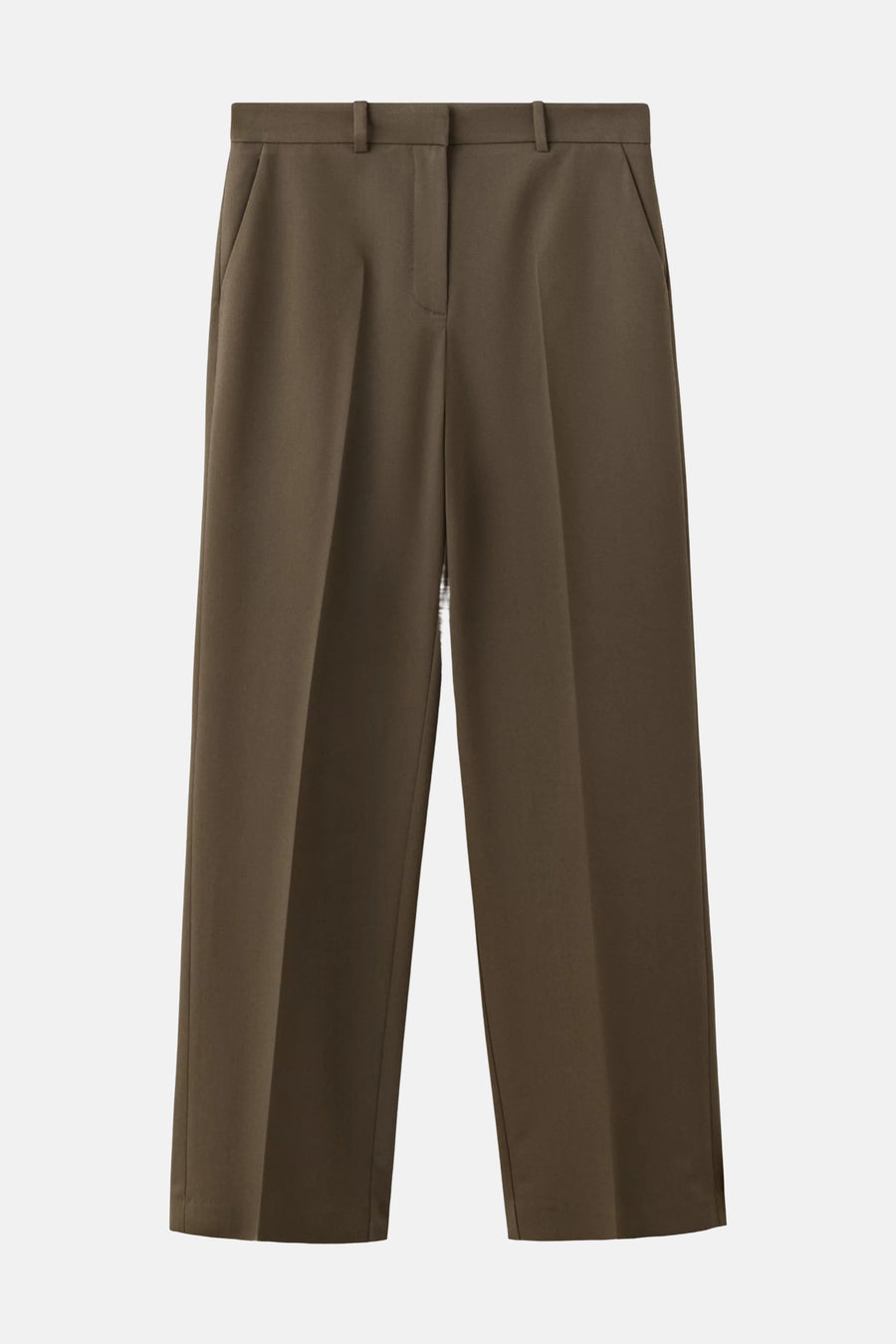 Khaki tailored suit pants with front pleats and clean straight-leg cut, flat-front design, front view
