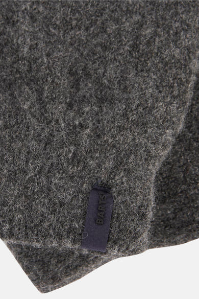 Gants gris en laine par BARTS, texture feutrée visible et étiquette logo bleu marine.