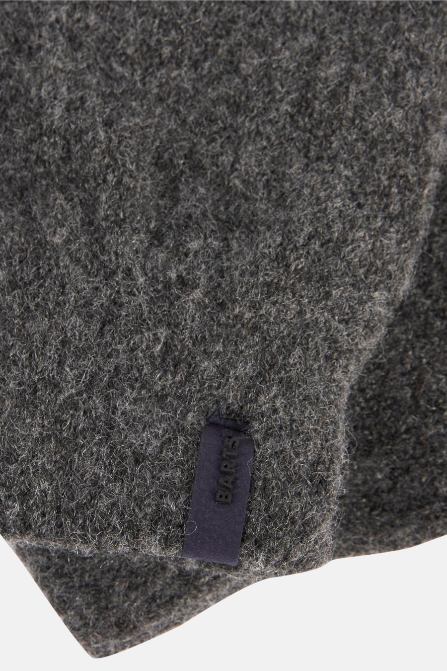Gants gris en laine par BARTS, texture feutrée visible et étiquette logo bleu marine.