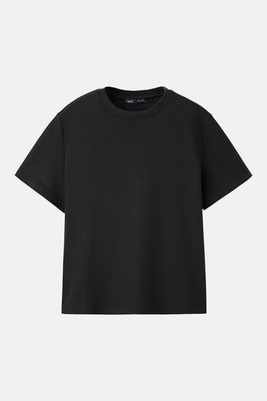 Black short-sleeve t-shirt by MNG, plain cotton jersey, round neckline, front view