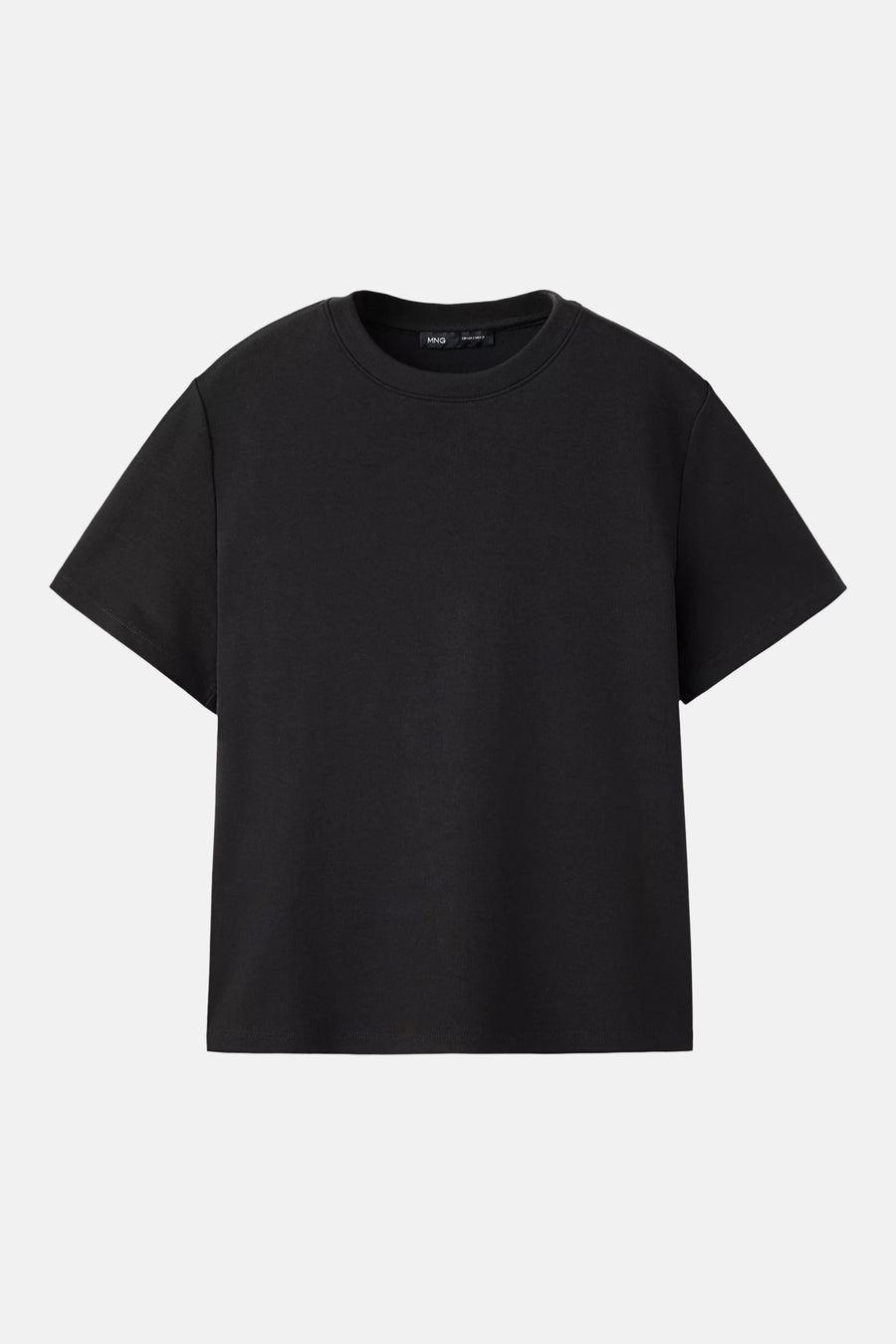 Black short-sleeve t-shirt by MNG, plain cotton jersey, round neckline, front view