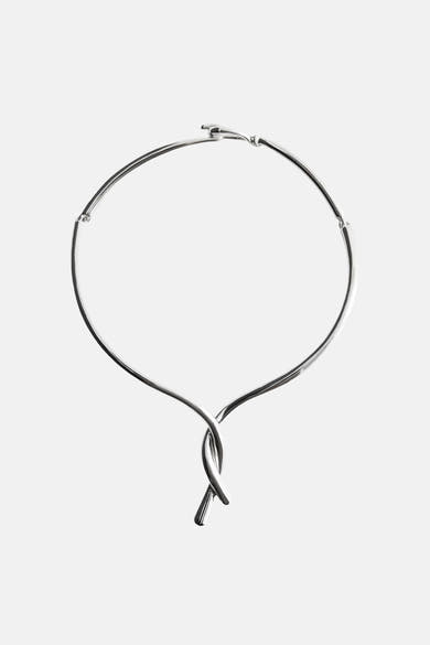 Silver-toned short necklace with twisted knot detail and polished finish, front view