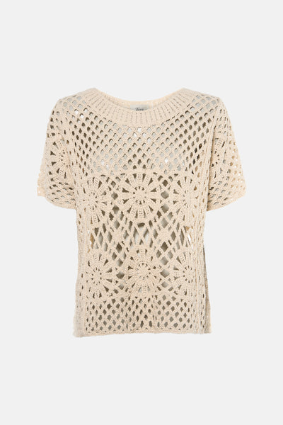 Beige trui met korte mouwen van Terra di Siena met een gehaakt ajourpatroon en bloemdetails.