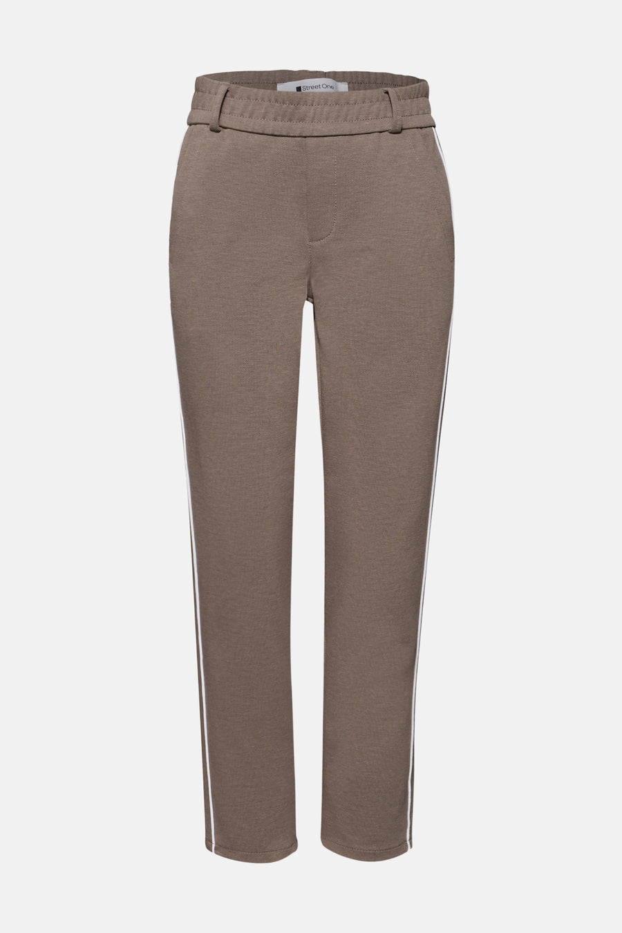 Pantalon souple beige élastique pour femme de Street One, avec rayures blanches latérales.
