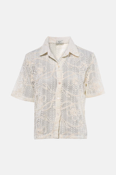 Beige kanten blouse van Terra di Siena, met kraag en bloemenpatroon.