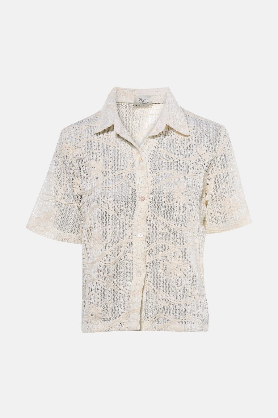 Beige kanten blouse van Terra di Siena, met kraag en bloemenpatroon.