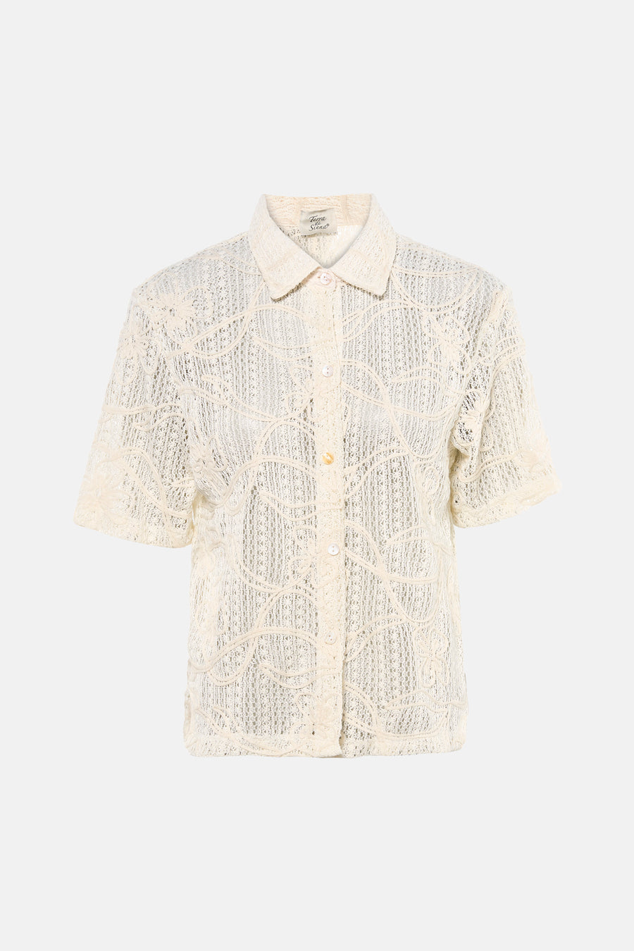Beige blouse van Terra di Siena met korte mouwen, met ajourpatroon in kant en knopen.