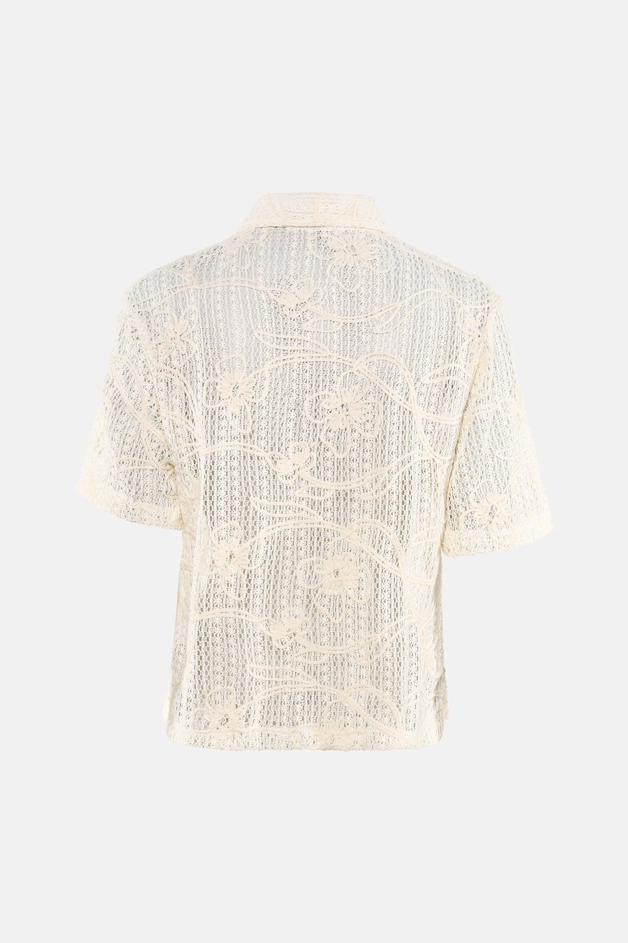 Beige blouse met korte mouwen van Terra di Siena in haakwerk met bloemenmotieven, achterzijde.
