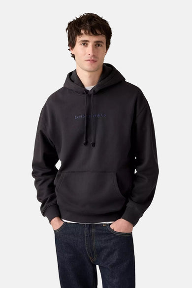 Sweat à capuche gris de Levi's, avec cordon de serrage et poche kangourou, porté avec un jean foncé.